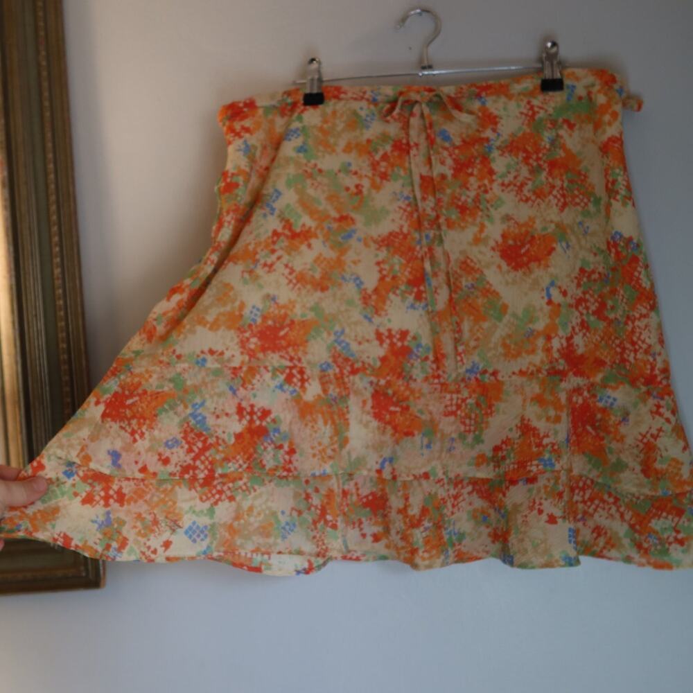 Intuitions Tiered Ruffle Chiffon A-Line Skirt Womens Size 14 Orange Floral Lined